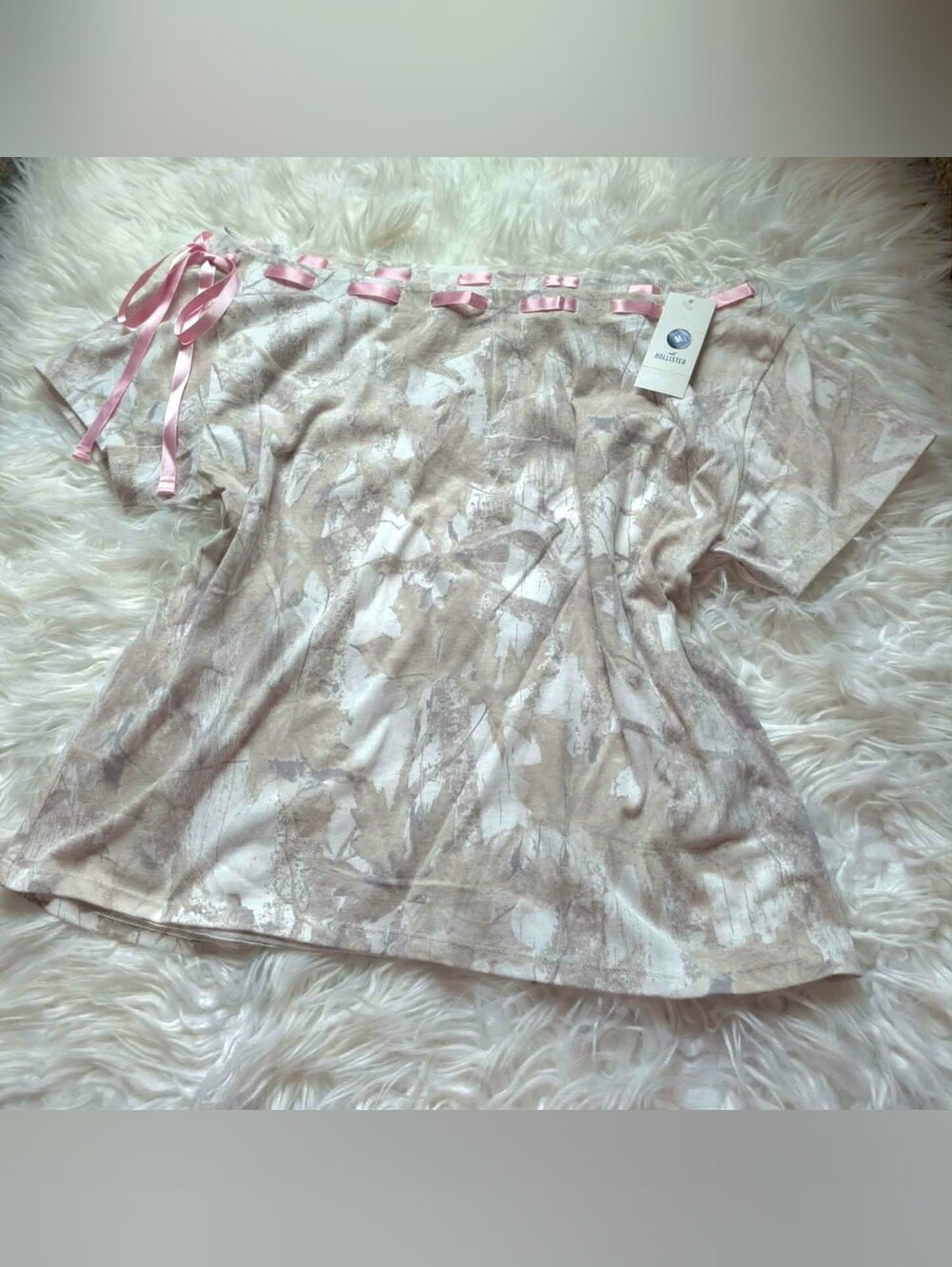Nwt Hollister Pink Marble-Print Short Sleeve Top with Ribbon Detail 2000s Y2k